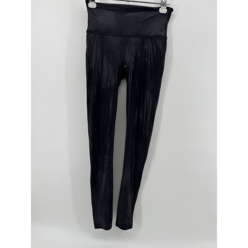Spanx Leggings Black Faux Leather Shiny Coated Shaping Pull On Size Medium